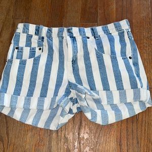 Blue and white striped denim shorts
